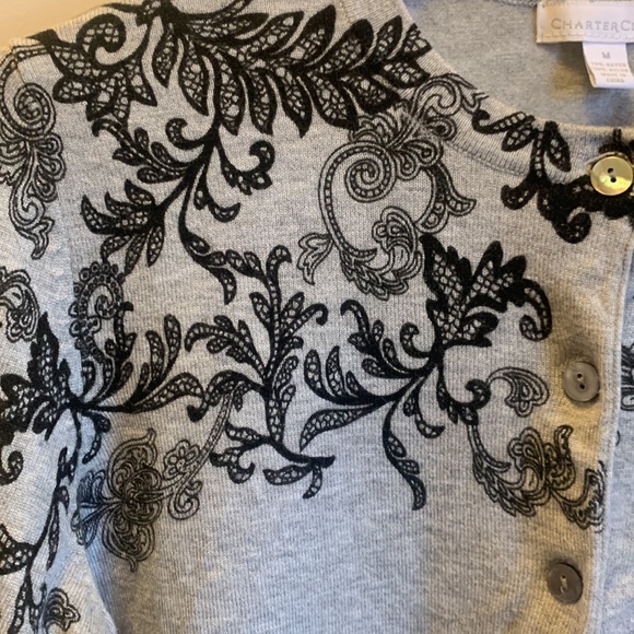 Charter Club grey sweater with black floral design. - Picture 3 of 6